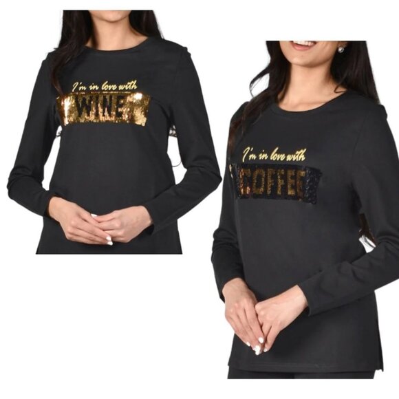 BNWT Frank Lyman Design Black/Gold Sequined Coffee/Wine Long Sleeve T-shirt S - Picture 1 of 15